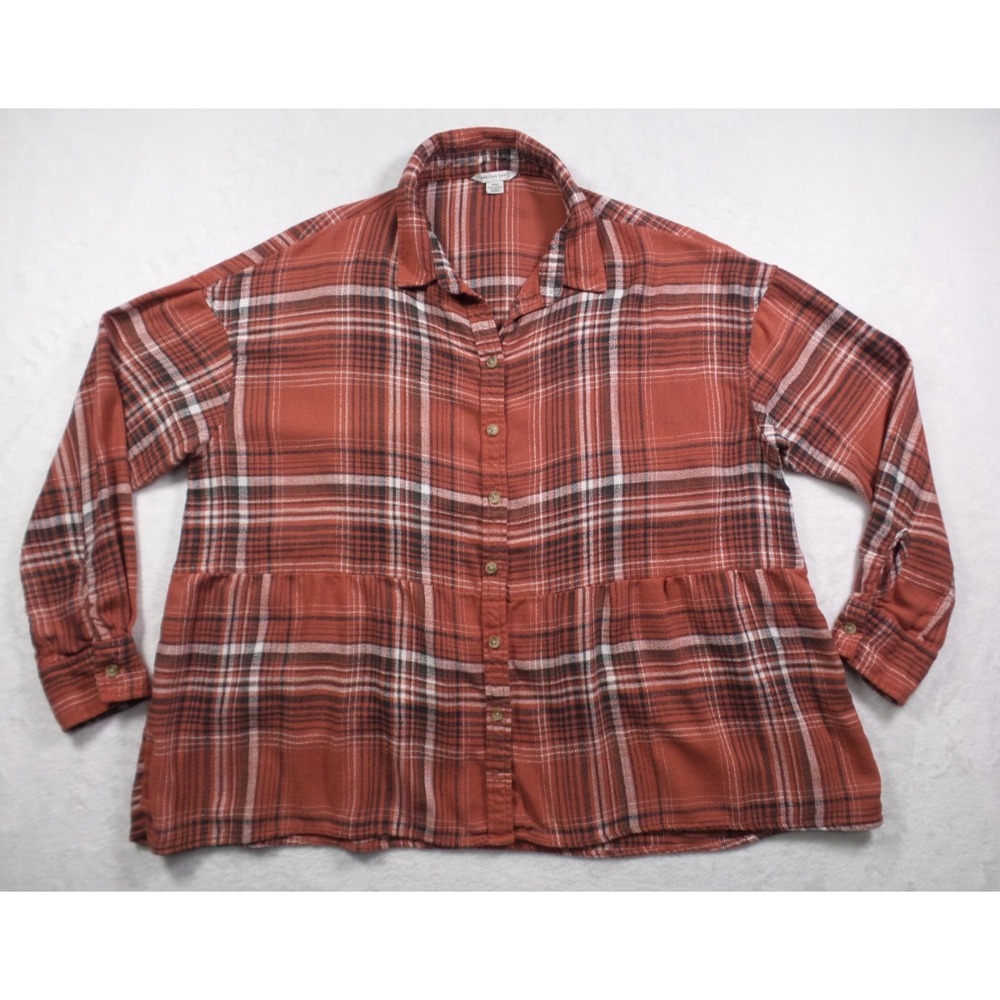 American Eagle Top Womens Size Small Red Plaid Button Up Long Sleeve Stretch